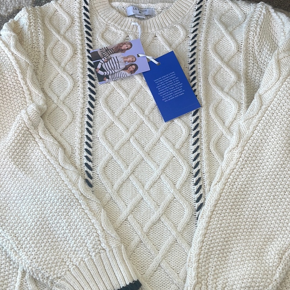- Women’s Size LARGE Cableknit Whipstich Stripe Crewneck Sweater La Ligne x T…
